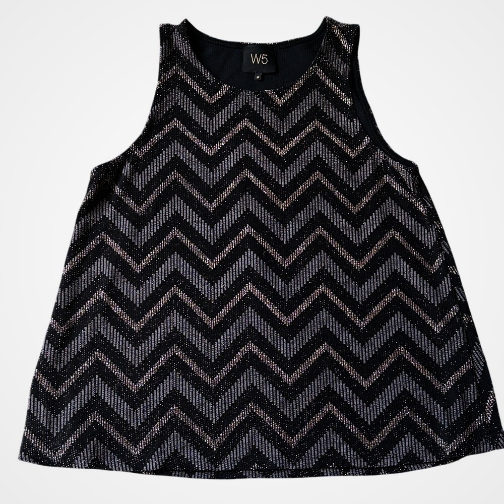 W5 Womens Black Metallic Gold Silver Chevron Zigzag Sleeveless Tank Top Medium